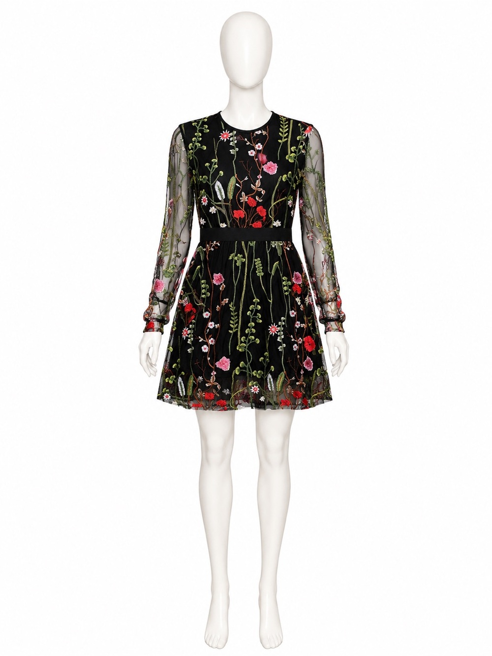 Floral Embroidered Mesh Dress Black Long Sleeve Botanical Whimsigoth
